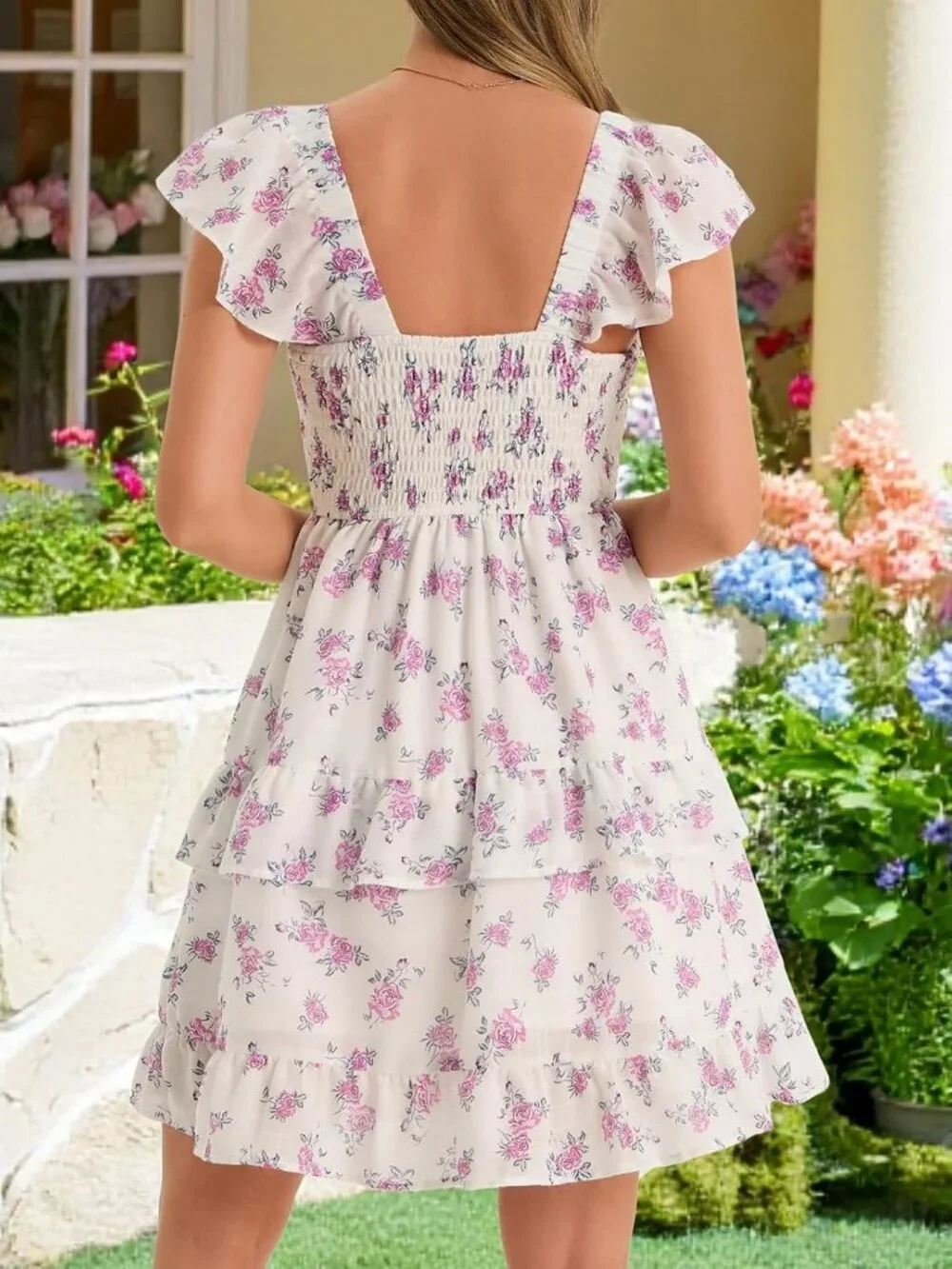 Women's Summer Dress Boho White Smocked Ruffle Sun Beach Mini Swing Dress